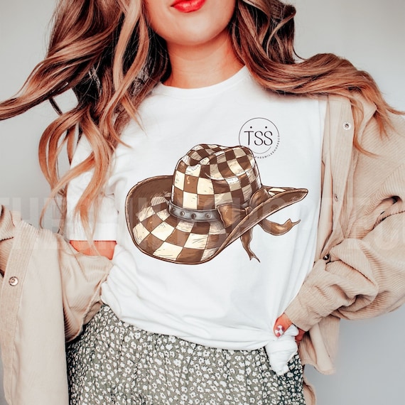 Checkered Cowgirl Hat PNG: Girly Bow Shirt Design (Print File)