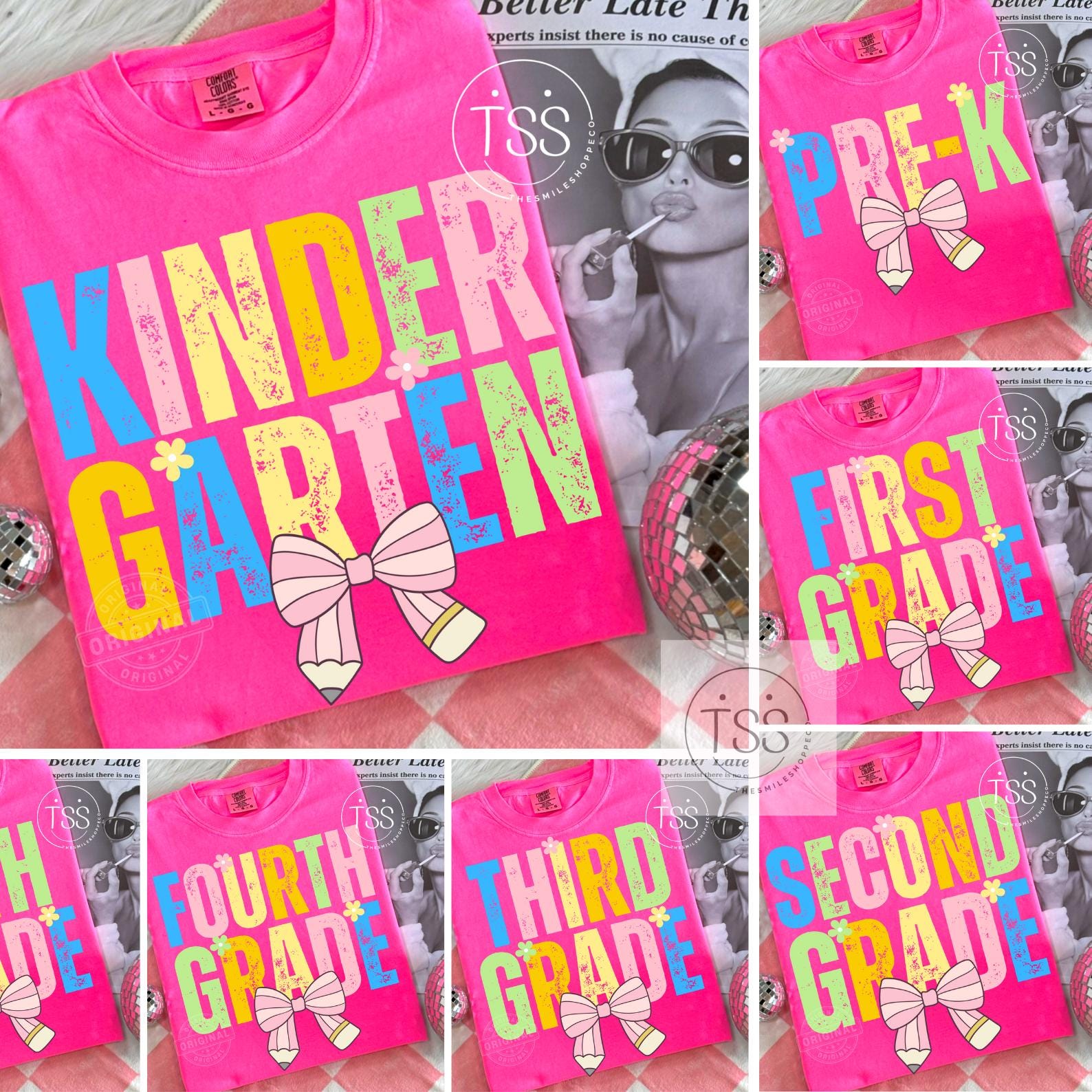 Preppy Back to School Floral Bundle PNG, First Day of School Designs, Kindergarten to Third Grade, Retro Teacher Shirt Neon Sublimation