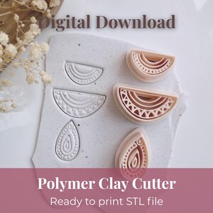 Puede incluir: Imagen de cortadores de arcilla polimérica y sus impresiones. Los cortadores son de color melocotón y las impresiones están sobre una superficie gris. El texto incluye "Digital Download" y "Polymer Clay Cutter".