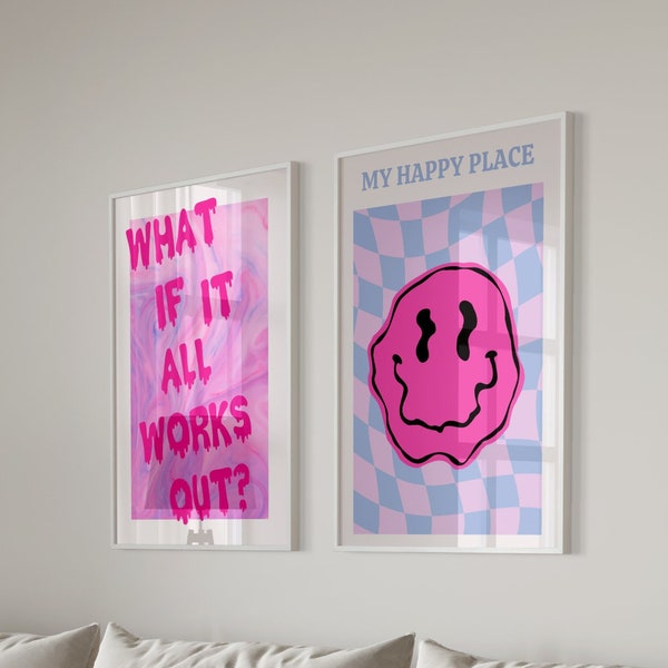 Pink Retro Poster, Preppy Poster Print, Retro Quote Poster, 70s Poster, Smiley Poster, Checkered poster, Pink Maximalist Decor, Funky Poster