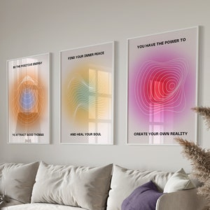 Aura poster Retro colorful wall art Psychedelic print Positive affirmation posters Aesthetic prints set of 3 Abstract colorful art