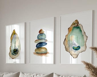 Oyster Wall Art, Pebble Prints, Watercolor Print Set, Oyster Print, Shellfish art, Oyster Art, Watercolor Rock, Oyster Shell Prints
