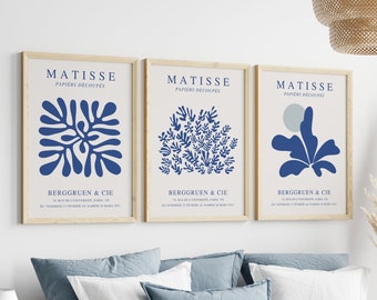 Blue Matisse Print, Set of 3 prints, Matisse exhibition poster, Blue Boho Prints, Neutral Prints, Blue Prints, Blue Wall Art, Matisse Poster