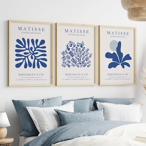 Lámina Matisse azul, conjunto de 3 láminas, póster de la exposición Matisse, láminas bohemias azules, láminas neutras, láminas azules, arte mural azul, póster Matisse