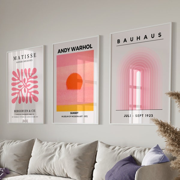 Matisse Druck, Bauhaus Poster, 3-teilige Wandkunst, rosa Drucke, Andy Warhol Druck, Matisse Wandkunst, Galeriewandset, Bauhaus Druck, Digital