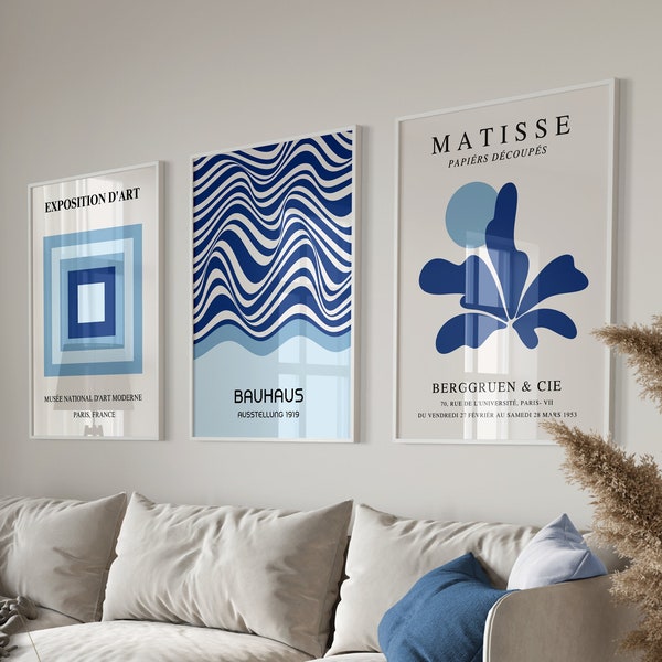 Bauhaus Poster, Matisse Print, Gallery Wall Set, 3 Piece Wall Art, Blue Prints, Matisse Wall Art, Bauhaus Print, Printable Wall Art