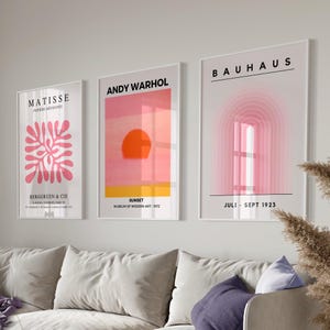 Impresión de Matisse, póster de Bauhaus, arte de pared de 3 piezas, impresiones rosas, impresión de Andy Warhol, arte de pared de Matisse, juego de pared de galería, impresión de Bauhaus, digital
