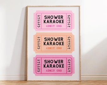 Shower karaoke print Bathroom preppy art Retro ticket poster Pink orange bathroom print Funky wall art  Trendy aesthetic wall print