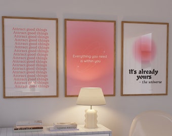 Positive Aura Posters Set of 3, Manifestation Art Print, Spiritual Poster, Trendy Wall Art Digital Download, Positive Affirmations Wall Art