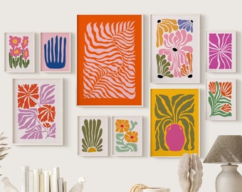 Colorful Abstract Botanical Prints, Eclectic Gallery Wall Set, Set of 10 Prints, Retro Flower Poster, Wavy Flower Print, Maximalist Wall Art