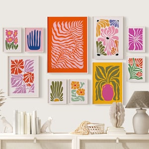 Colorful Abstract Botanical Prints, Eclectic Gallery Wall Set, Set of 10 Prints, Retro Flower Poster, Wavy Flower Print, Maximalist Wall Art
