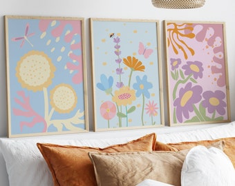 Pastel Gallery Wall, Set of 3 Flower Prints, Boho Flower Print, Floral Wall Prints, Abstract floral print, Pastel Flower Wall Art