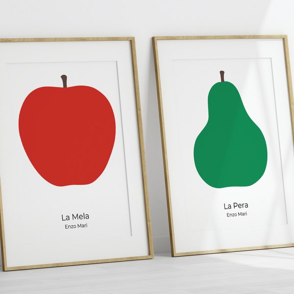 Kitchen Fruit Wall Art, Enzo Mari Print, Enzo Mari Apple, Enzo Mari pear, Fruit Print Set, Kitchen Art Print, Mid Century Kitchen Art