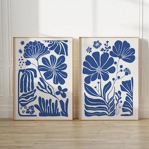 Navy blue poster Abstract floral wall art Blue Botanical prints Retro flower poster 2 Piece wall art Aesthetic room decor Trendy blue prints