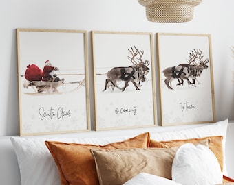 3 Piece Wall Art, Christmas Santa Claus with a sleigh Prints, Xmas Printable Home Decor, Christmas Wall Art Print, Nordic Christmas Decor