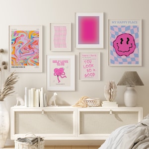 Pink preppy wall art girly trendy prints gallery wall set room decor for teens retro wall art apartment decor aesthetic posters pink prints