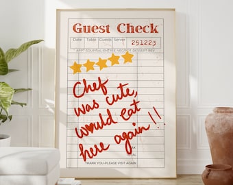 El chef era lindo y volvería a comer aquí. Impresión estética de decoración de cocina. Impresión de cheques para invitados. Póster retro. Regalo para chef. Impresión divertida de cocina.