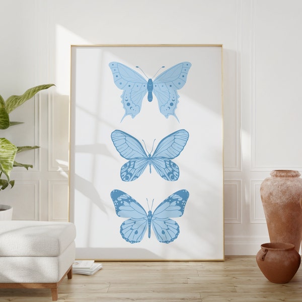 Butterfly Print, Preppy Room Decor, Light Blue Wall Art, New Apartment Gift, Retro Wall Art, Blue Print, Printable Wall Art Digital Download