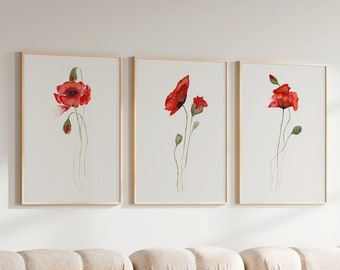 floral watercolor print poppy poster botanical print aesthetic room decor floral wall art apartment decor flower print 3 piece wall art