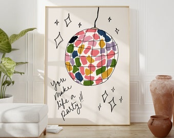 Disco ball print, Retro poster, Dorm room decor, Funky art print, Mirrorball poster, Retro wall art, Trendy wall art, Aesthetic poster