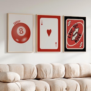 Moderne retroposters, trendy muurkunst set van 3, Love You More-print, 8 ball-poster, Ace Card-print, esthetische slaapzaalinrichting, 3-delige muurkunst