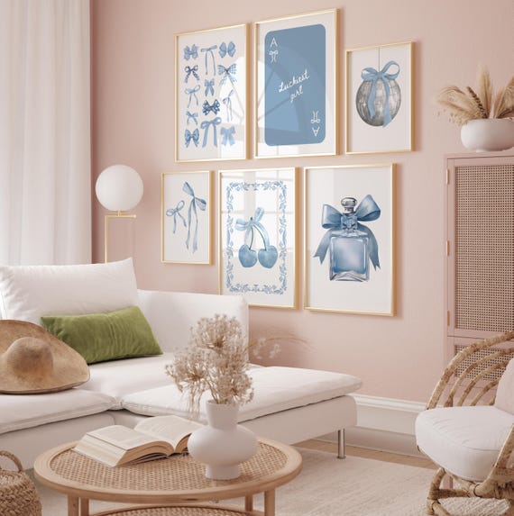 Blue coquette wall decor Grandmillennial print College apartment decor Blue dorm prints Girly wall art Blue aesthetic posters Fancy wall art