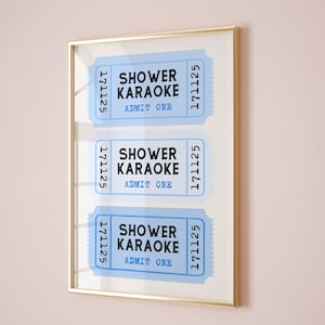 Shower karaoke print Blue bathroom wall art Retro ticket poster Trendy bathroom print Funky wall art Aesthetic bathroom poster print