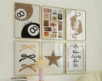 Trendy leopard wall art Set of 6 Dorm room prints Aesthetic girly wall art Matchbook art print Cheetah wall art Apartment decor Funky art