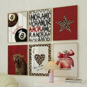 Trendy rote Gepard druckt Wohnheim Plakat-Set Rote Modewandkunst Ästhetische mädchenhafte Drucke College Wohnung Dekor Lucky 8 Ball Plakat Funky Art