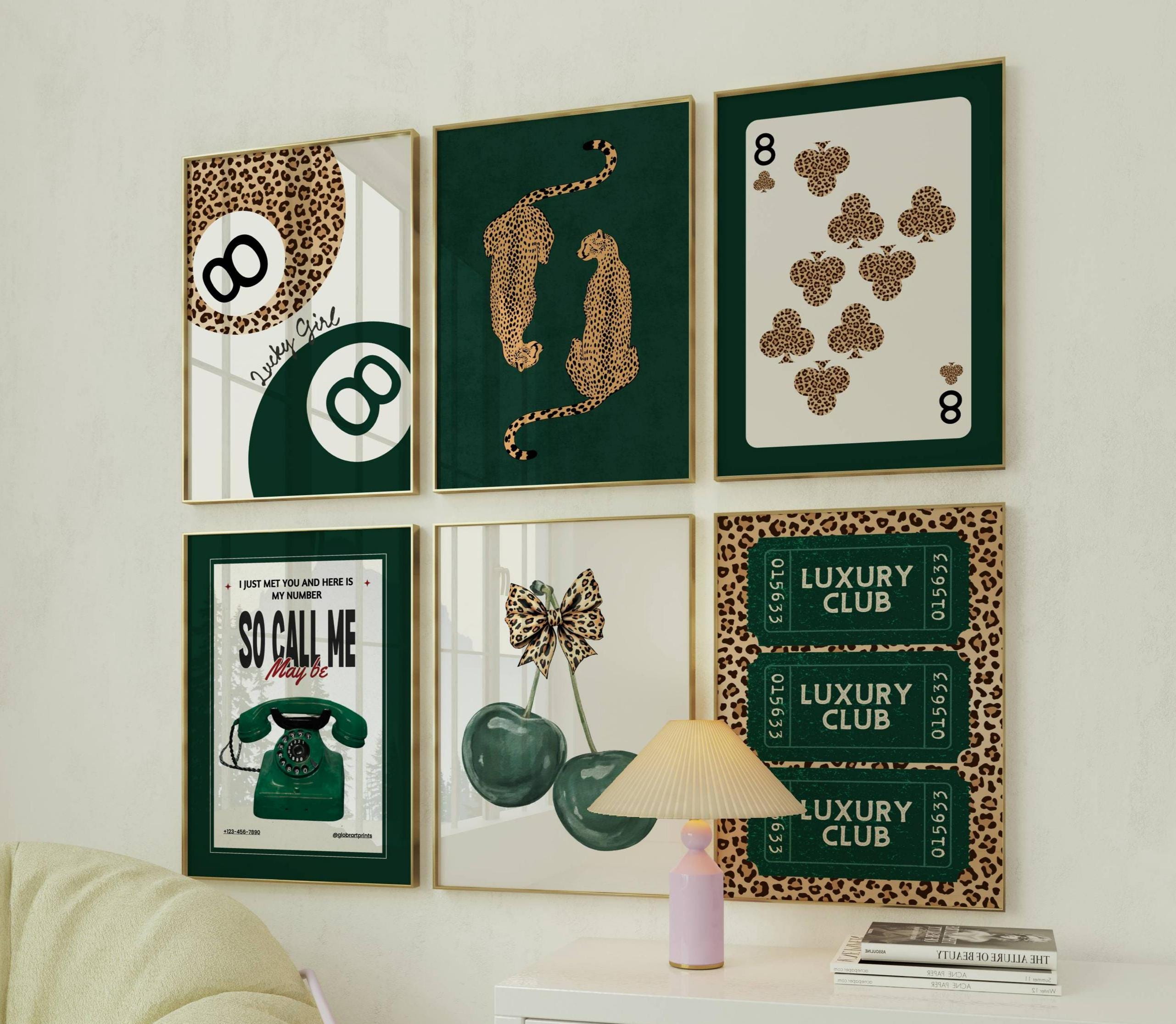 Emerald Green Wall Art Set of 6 Prints Trendy Leopard Print