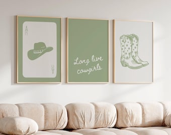 Lunga vita alle cowgirl Stampe murali alla moda color verde salvia Arte murale western femminile Stampe da cowgirl civettuola Arte murale per dormitori Decorazione murale verde Stampa di stivali
