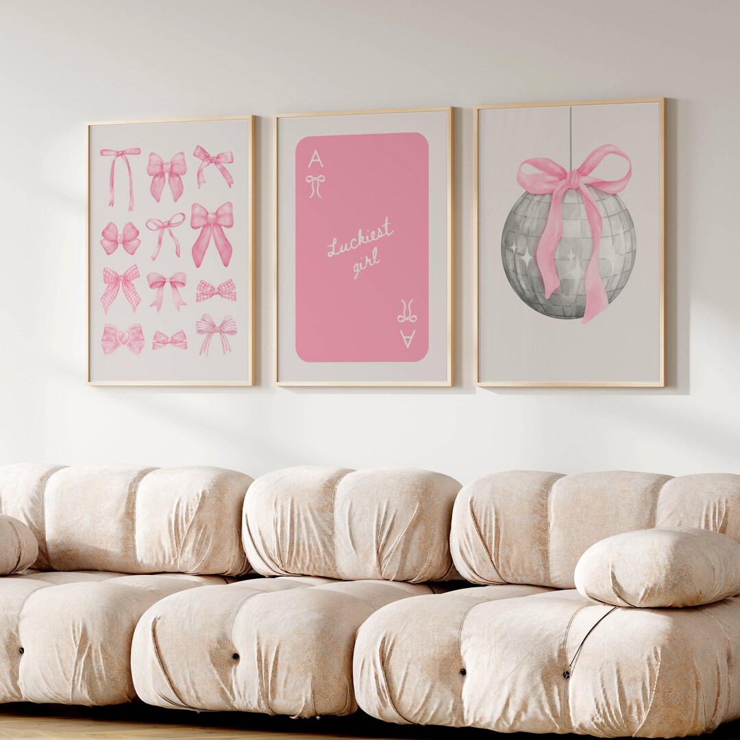 Pink Coquette Wall Art Set of 3, Trendy Bows Poster, Girly Dorm Decor ...