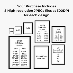 Peut inclure: Un graphique montrant les diff&eacute;rentes tailles d'impressions d'art imprimables disponibles. Les tailles sont indiqu&eacute;es en pouces et en centim&egrave;tres. Le graphique comprend &eacute;galement les rapports d'aspect des impressions. Le texte "Your Purchase Includes 8 High-resolution JPEGs files at 300DPI for each design" est en haut du graphique.