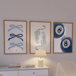 Navy wall art set Retro 8 ball poster Blue cheetah print Trendy bow prints Preppy aesthetic Dorm room decor Printable art Apartment decor
