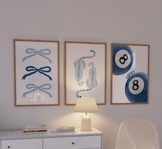 Navy Wall Art Set Retro 8 Ball Poster Blue Cheetah Print Trendy