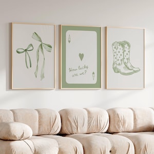Green bow wall art Girly western prints College apartment posters Coquette dorm prints Western cowgirl decor Trendy sage green prints