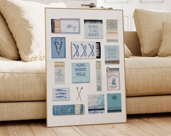 Coastal matchbook poster Summer beach decor Aesthetic dorm print College wall art Blue matchbox art Trendy coastal print Nautical poster