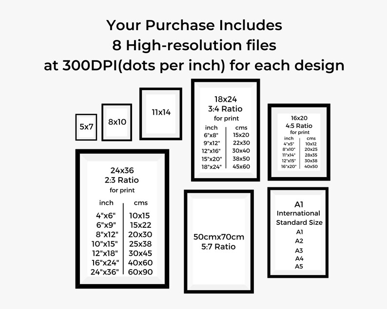 May include: A graphic showing the different sizes of digital files included in a purchase. The sizes are listed in inches and centimeters. The graphic also includes the aspect ratio of each size. The text "Your Purchase Includes 8 High-resolution files at 300DPI (dots per inch) for each design" is at the top of the graphic.