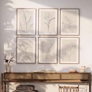 Flower Line Art, Botanical Wall Prints, Neutral Wall Art, Botanical Line Art, Beige Home Decor, Set of 6 Botanical Prints, Floral Line Art image 6