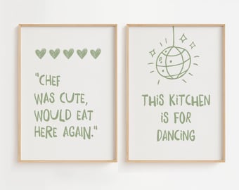 Sage green wall prints aesthetic kitchen decor green prints retro trendy wall art kitchen gallery wall art cute kitchen prints gift for chef