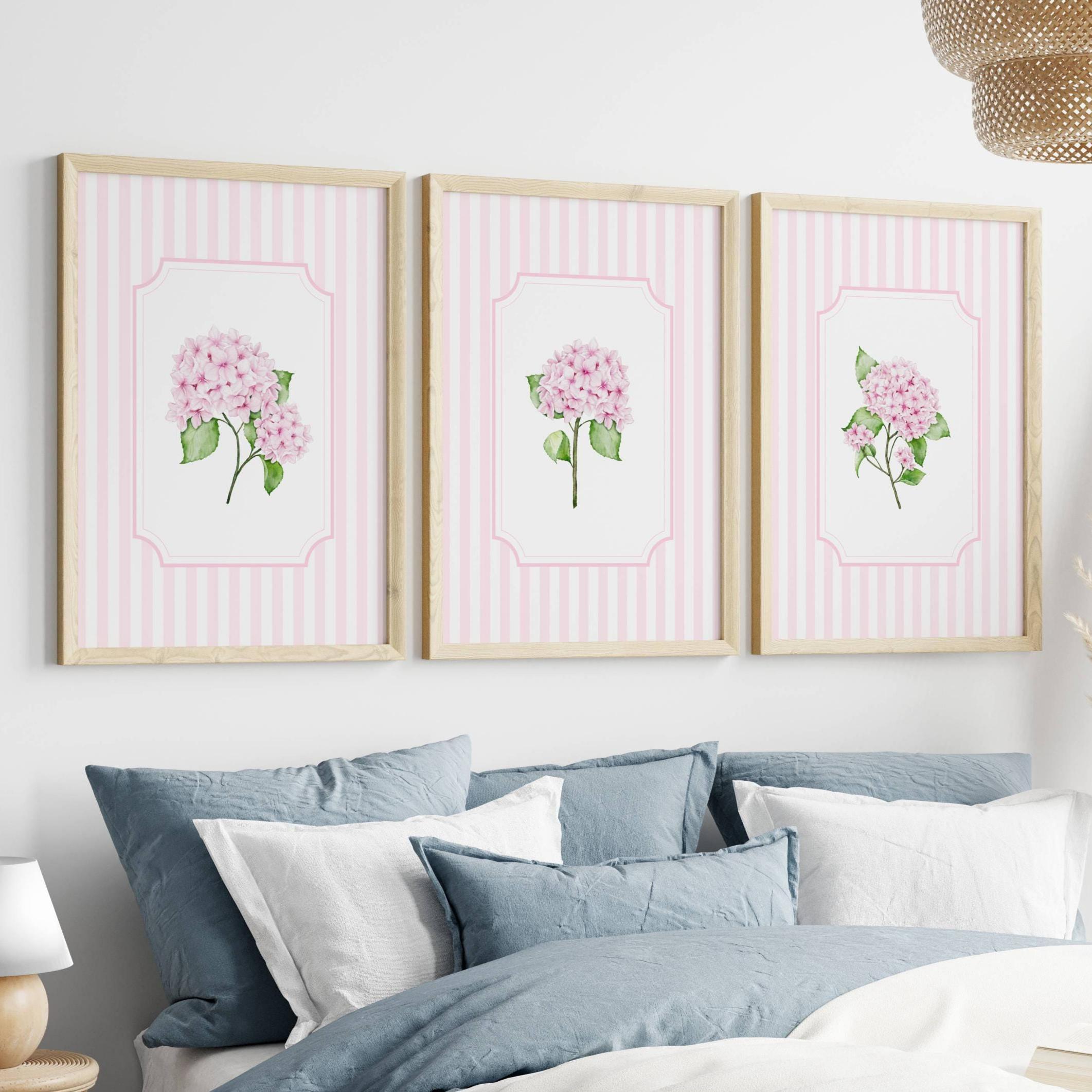 Pink Hydrangea Wall Art Striped Floral Prints Aesthetic Botanical ...