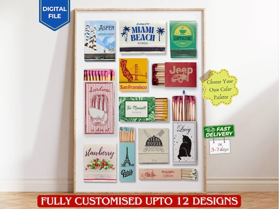 Personalized matchbook art Custom matchbox print Anniversary gift wall art Matchbook customize print Digital poster Custom retro wall decor