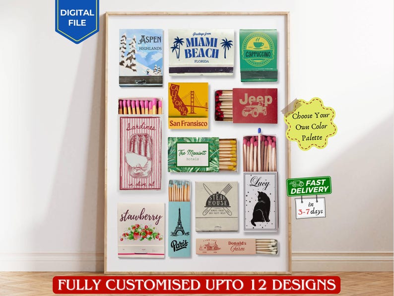 Personalized matchbook art Custom matchbox print Anniversary gift wall art Matchbook customize print Digital poster Custom retro wall decor image 1