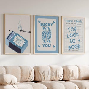 Juego de 3 carteles de arte de pared azul claro, carteles de moda retro, impresión de tarjeta de suerte azul, decoración de dormitorio, arte de pared de apartamento universitario, impresión estética femenina
