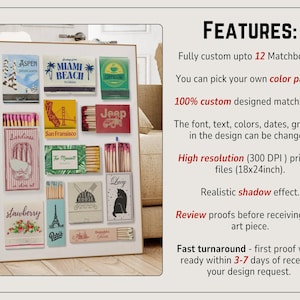 Personalized matchbook art Custom matchbox print Anniversary gift wall art Matchbook customize print Digital poster Custom retro wall decor image 2