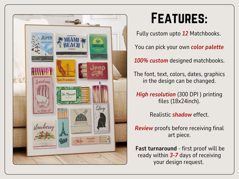 Personalized matchbook art Custom matchbox print Anniversary gift wall art Matchbook customize print Digital poster Custom retro wall decor image 2