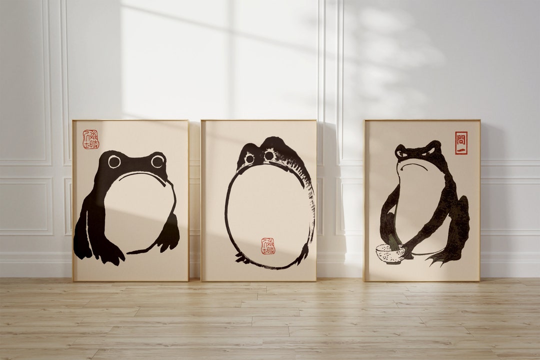 Set of 3 Japanese Frog Print, Matsumoto Hoji Frog, Ukiyoe Print