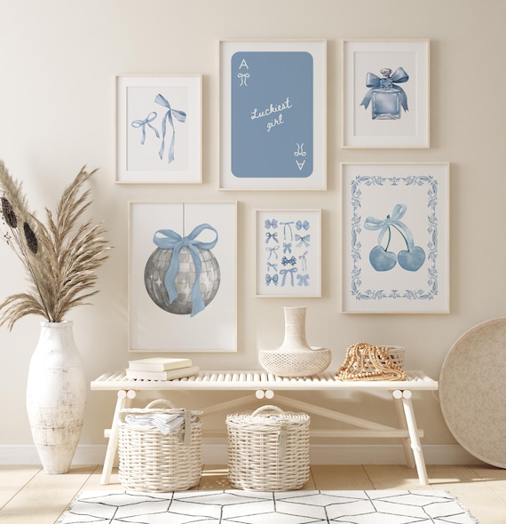 Blue coquette wall decor Grandmillennial print College apartment decor Blue dorm prints Girly wall art Blue aesthetic posters Fancy wall art