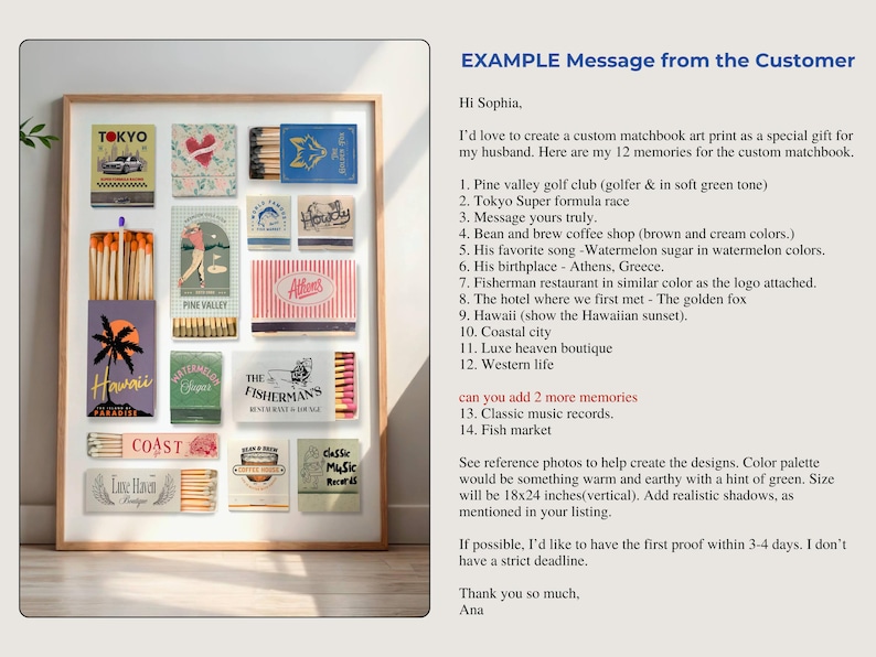Personalized matchbook art Custom matchbox print Anniversary gift wall art Matchbook customize print Digital poster Custom retro wall decor image 6