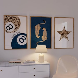 Trendy navy blue cheetah prints Dorm poster set Blue fashion wall art Aesthetic girly prints College apartment decor Lucky 8 ball poster
